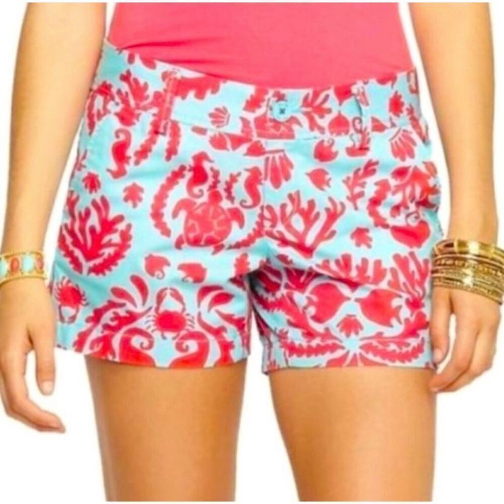 Lilly Pulitzer Callahan Shorts Don't Be Shellfish Aqua Coral Turtle Fish Size 00 - Picture 1 of 6